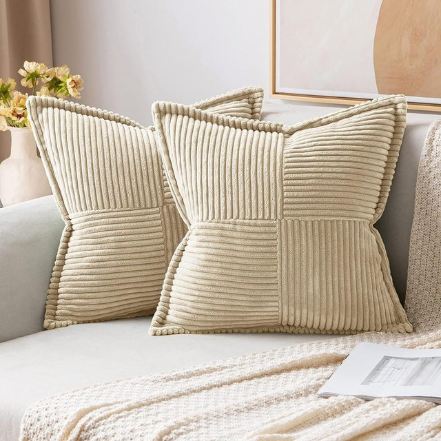MIULEE Cream Corduroy Pillow Covers with Splicing Set of 2 Super Soft Couch Pillow Covers Broadside Striped Decorative Textured Throw Pillows for Cushion Bed Livingroom 20 x 20 inch