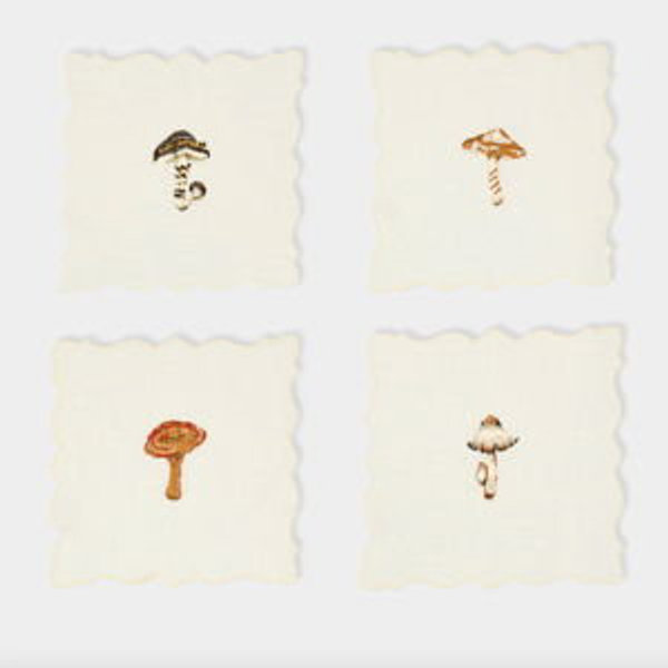 Abask Set of 4 | Angelina Mushrooms Embroidered Linen Cocktail Napkins