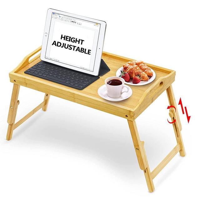 T-SIGN Adjustable Breakfast Bed Tray with Foldable Legs, Heighten Bamboo Serving Table Up to 11.4" Eating Snack Food on Sofa Desk, Portable Lap Tray Ideal for Bedroom Picnic, Patent Pending