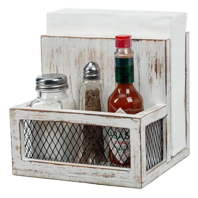 FARM IN Napkin Holder, Farmhouse Multifunctional Napkin Holder with Salt and Pepper Shakers Holder for Home and Commercial Use, Rustic Solid White Washed Wood & Diamond Metal Wire Mesh