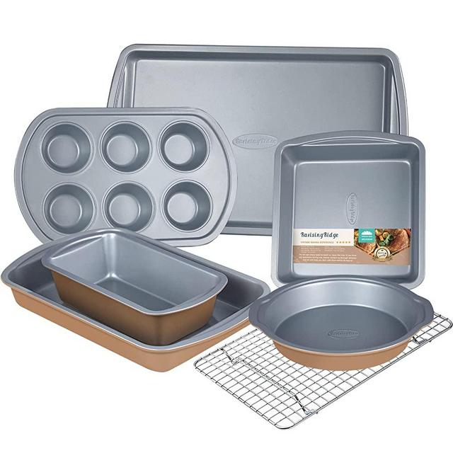 Nonstick Cookie Sheet Baking Pan 7 Pcs, Professional Kitchen Bicolor Baking Pans Set with Cake Pans, Deep Cookies sheet, Roasting Pan & Cooling Rack, 0.8mm Thick/ Dishwasher Safe/ Heavy Duty