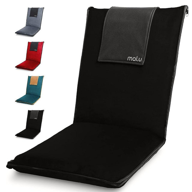 malu Extra Large Padded Floor Chair - Comfortable Reclining Folding Backrest - Meditation Cushion w/Back Support - Removable Easy Wash Cover - Nylon Bottom, Vegan Leather Accents