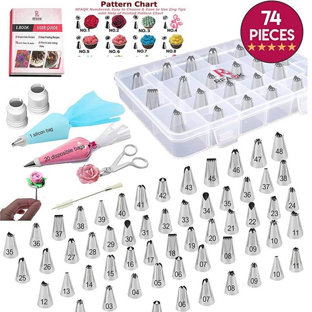 74 PCs Piping Bags and Tips-48 Numbered Piping Tips & Pastry bag with Pattern Chart & EBook- Flower Lifter &Nail, Frosting Icing tips, Cupcake Cookie Cake decorating tips supplies kit & baking tools