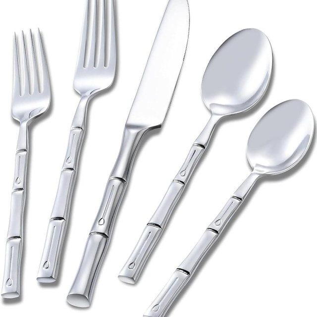 Bamboo 20-Piece Silverware Set, Stainless Steel Flatware Set, Cutlery Set Mirror Polished, Dishwasher Safe, Service for 4