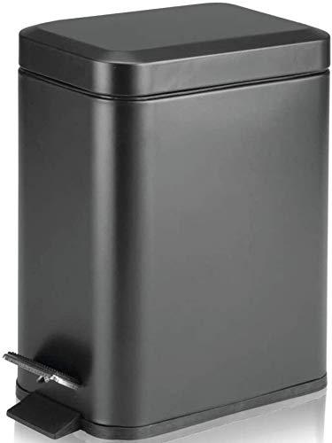 Homie Soft Close Lid, Matte Black, Small Rectangular Trash Can 5L with Anti - Bag Slip Liner and Lid, Use as Mini Garbage Basket, Slim Dust Bin, or Decor in Bathroom, Restroom, Kitchen, or Bedroom