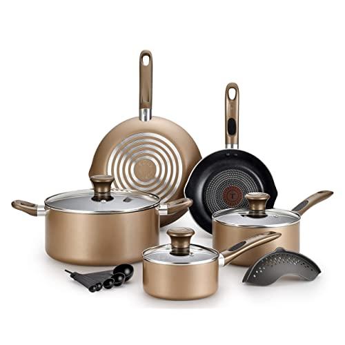 T-fal B036SE Excite ProGlide Nonstick Thermo-Spot Heat Indicator Dishwasher Oven Safe Cookware Set, 14-Piece, Bronze