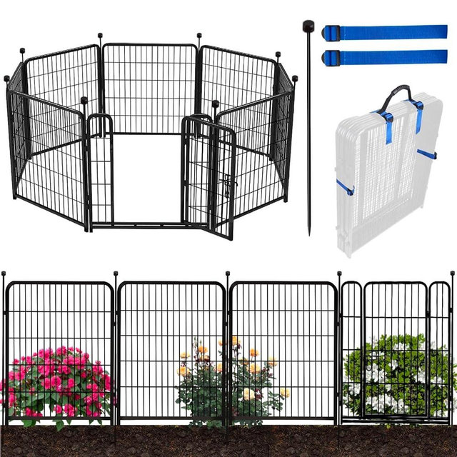 ADAVIN Tall Garden Fences and Borders for Dogs, Low Threshold Door, 48 in(H) 8 Panels Total 17.7 Ft(L) Dog Fences for The Yard, Modular Fencing, Garden Fence with Gate, Pet Fence