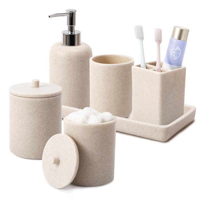 6 Pcs Beige Bathroom Set Complete with Toothbrush Holder, Lotion Soap Dispenser, 2 Qtip Holder Dispensers,Vanity Tray,Bathroom Tumbler - Countertop Vanity Organizer - Bathroom Accessories Set
