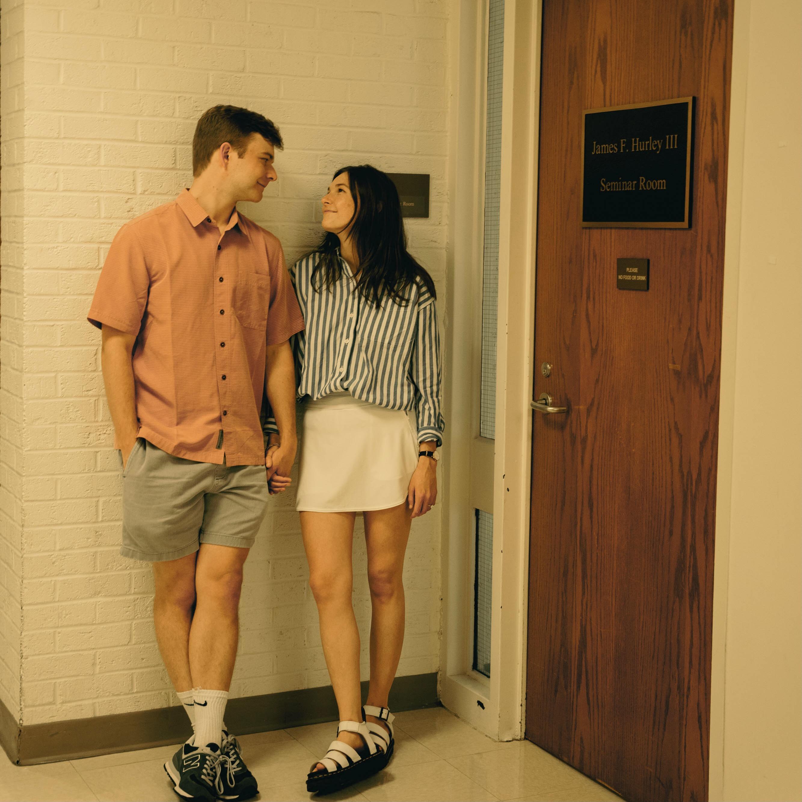 standing outside the Journalism School classroom where we first met