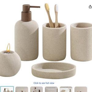 Bathroom Accessories Set, 5 PCS Sandstone Look Stripe Modern Bath Organizer (Beige)