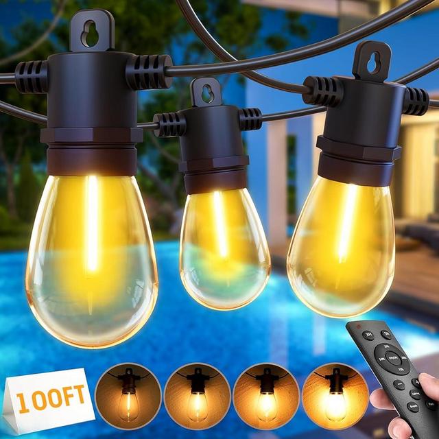 Outdoor String Lights with Remote - Dimmable 100FT IP65 Waterproof Patio Lights with Edison Bulbs Hanging Lights Outside for Backyard Garden Porch Deck Balcony