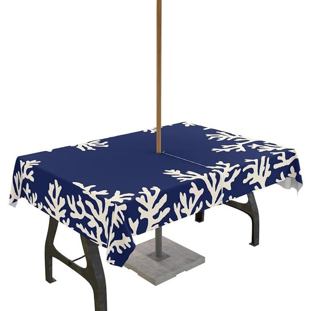 LBCASA Outdoor Tablecloth with Umbrella Hole and Zipper, Coral Navy Blue Waterproof Table Cloth for Patio/Party/Picnic, Ocean Theme Nautical Coastal Marine Table Cover, 60x84 Inch Rectangle