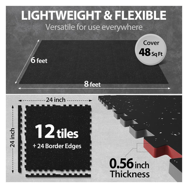 Gym Floor Mats, 1'' Extra Thick Exercise Mat, Cushioned Workout Flooring for Home Grey&Black