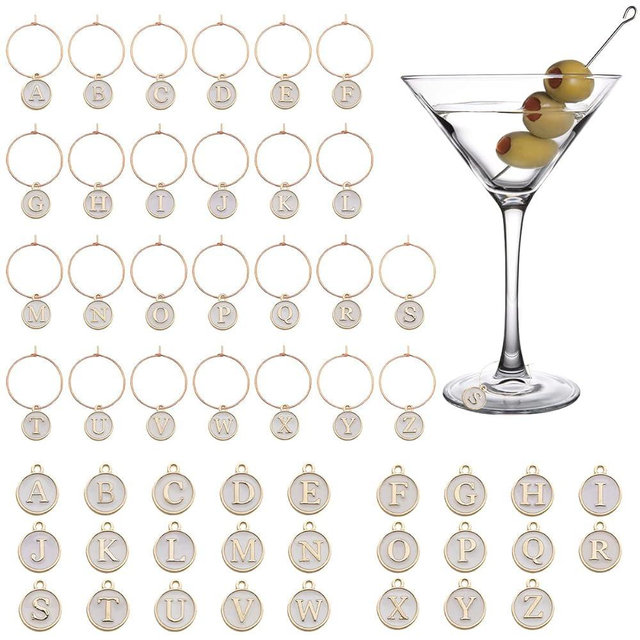 REDANHA 56 Pieces Wine Charms Drink Alphabet Markers for Stem Glasses Cup Tags with Hanging Rings Letters Markers for DIY Decorations and Wine Party (White)