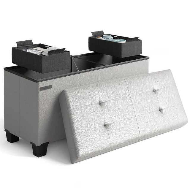 STORAGEBUD Storage Ottoman Bench with Bins, 30-in Storage Bench for Bedroom End of Bed, Folding Foot Rest Ottoman for Living Room Max 660lbs, Faux Leather Ottomans, Light Grey