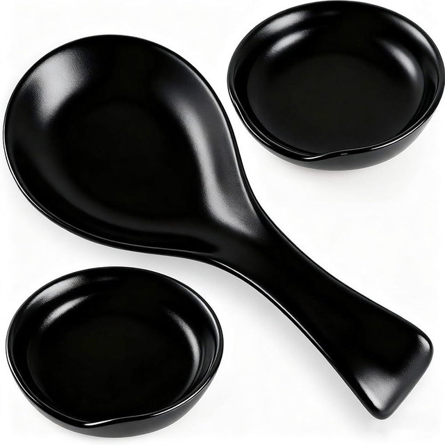 Patelai 3 Pcs Ceramic Spoon Rest for Stove Top 4 Inch Small Spoon Holder for Kitchen Counter Cooking Ladle Utensil Rest for Coffee Tea Farmhouse Rustic Kitchen Housewarming Christmas Gift(Black)