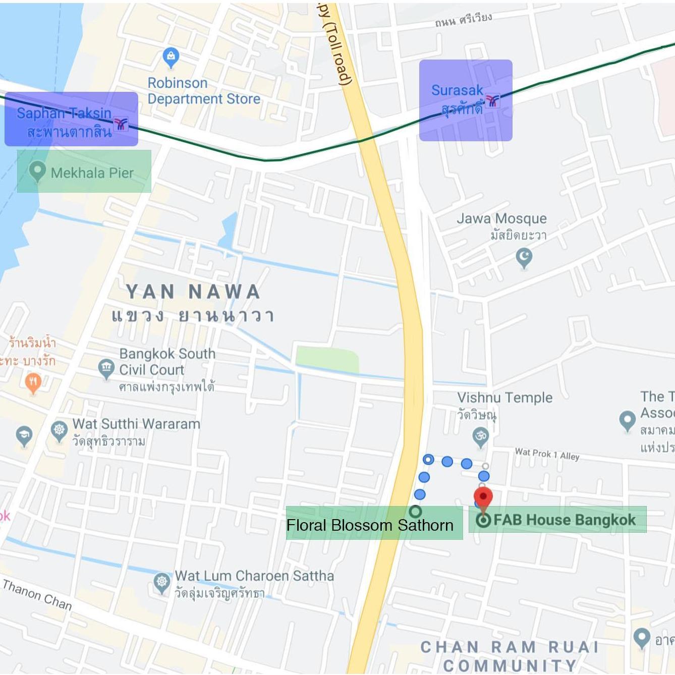 Closest accommodation to our Airbnb is FLoral Blossom Sathorn. Wat Yannawa pier is also called Mekhala Pier. Closest BTS train stations are  Saphan Taksin and Surasak