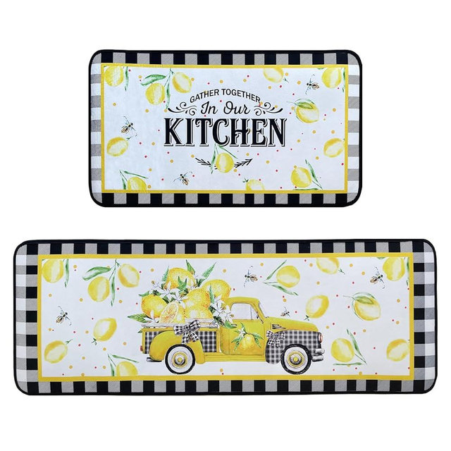 Voanos Lemon Kitchen Rugs,Non Skid Washable Microfiber mats for Kitchen Floor, Lemon Truck Theme Kitchen Cushioned Runner Rug Decor Sets of 2 Pieces,17"x 47"+17"x 30"