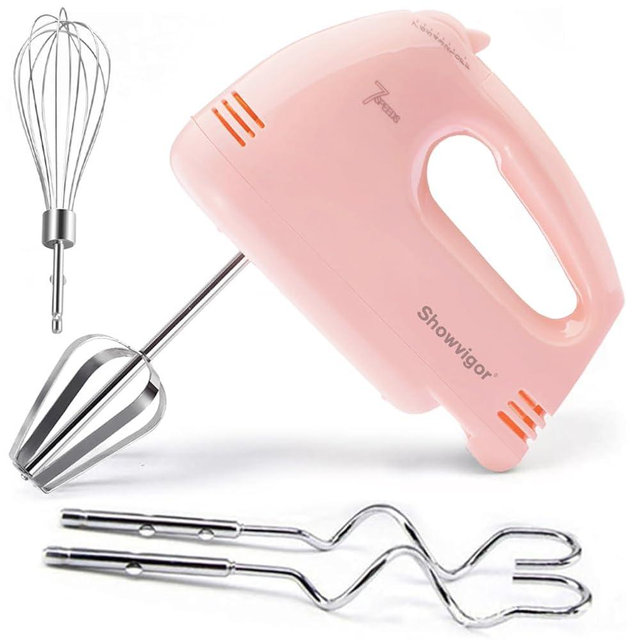 Handmixer Electric Handheld - 7 Speed Portable Kitchen Mixer Electric with 5 Stainless Steel Accessories Whisk, Food Beater for Whipping Mixing Cookies Cakes Eggs, Pink