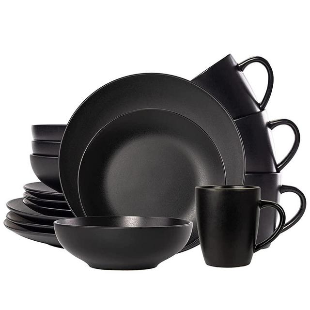 CREATIVELAND Round Stoneware Dinnerware Set Durable Kitchen and Dining,16 Piece Service For 4,Pasta Bowls,Large Salad Bowls,Porcelain Bowl,Wide and Shallow,Microwave and Dishwasher Safe, Matte Black.
