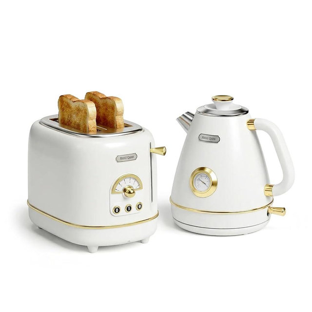 Hazel Quinn Retro Breakfast Set – 2-Slice Toaster & 1.7L Electric Kettle Bundle, 6 Browning Levels, Extra-Wide Slots, 1200W Fast Boiling, All Stainless Steel Interior, Thermometer – Pearl White