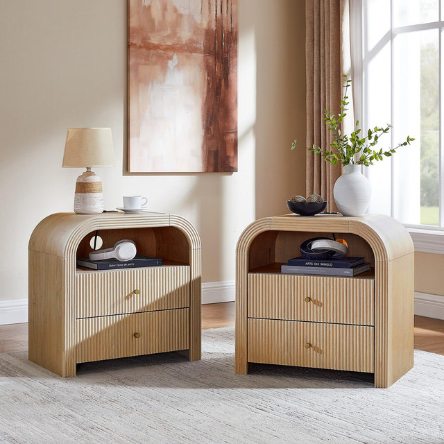 Fluted Nightstand Set of 2 with USB Charging, 24" End Tables, 2 Drawers, Rounded Corners, Modern Storage for Bedroom or Living Room, Natural Oak