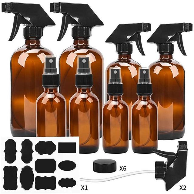 Glass Spray Bottle, ESARORA Amber Glass Spray Bottle Set - Essential Oils - Cleaning Products - Aromatherapy (16OZ x 2, 8OZ x 2, 4OZ x 2, 2OZ x 2)