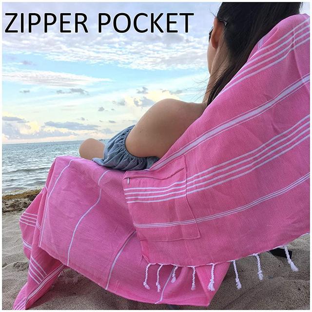Lux Oversized 40x75 Absorbent Cotton Beach Towel W/Hidden Zipper Pocket 100% Natural Turkish Cotton XL - Sand Free Lightweight Quick Dry | Gym Yoga Poolside Sunbed Throw for Women/Girls Sugar Pink