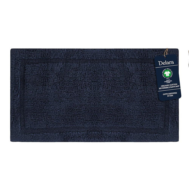 Delara Organic Cotton Reversible Bath Mat – 3000 GSM, GOTS Certified, Ultra-Thick & Super Absorbent | Soft, Plush & Quick-Drying Bathroom Rug (Navy Blue, 20x30)