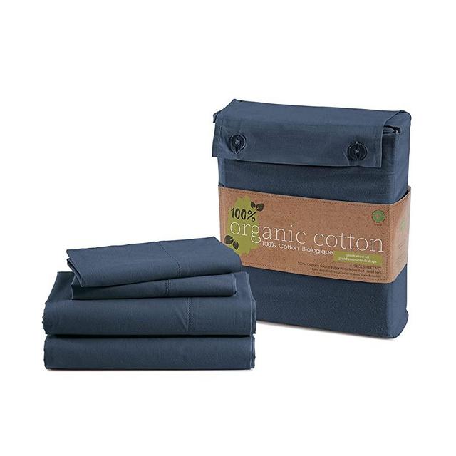 100% Organic Cotton Queen Sheets Set, 4-Piece Pure Organic Cotton Percale Sheets Queen, Cotton Bedsheets, Ultra Soft Bedding Sheets, Breathable GOTS Certified, Fits Mattress Upto 15" Deep - Navy