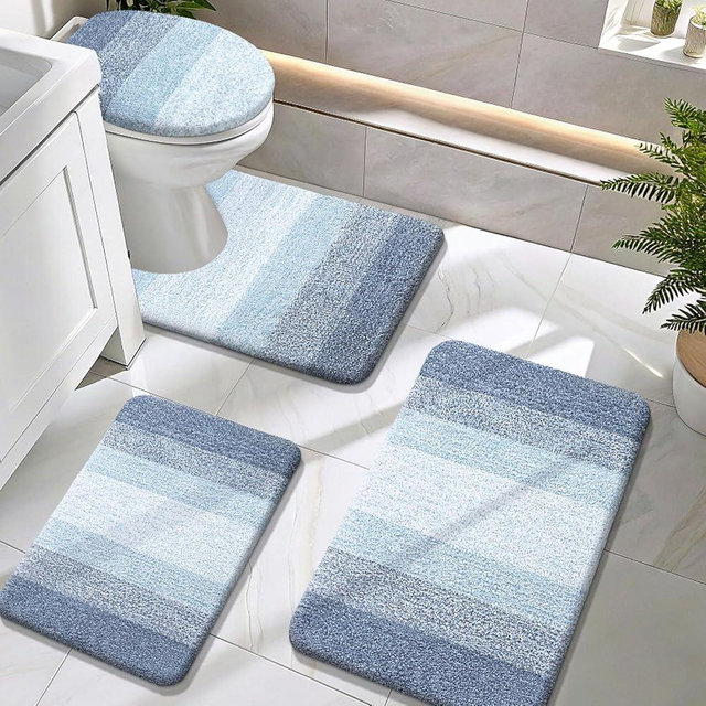 OLANLY Bathroom Rugs Sets 4 piece, Soft Microfiber Absorbent Bath Mat, U-Shaped Contour Toilet Mat and Toilet Lid Cover, Quick Dry, Machine Washable, Toilet Cover and Rug Set for Bathroom, Blue