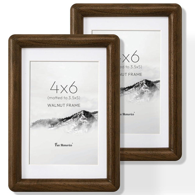 4x6 Picture Frame Set of 2, USA-Sourced Walnut Wood Photo Frame with HD Tempered Glass, Handcrafted Rounded Corner 4 x 6 Wooden Frames Matted to 3.5x5 Photos, 4x6 Frames, Tabletop or Wall Display