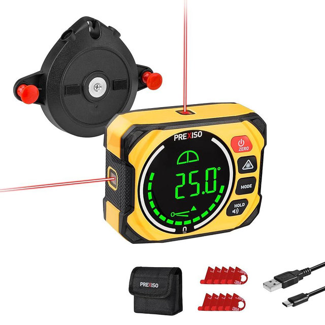 PREXISO 3-in-1 Multi Surface Laser Level with Digital Angle Gauge Magnetic, Rechargeable Digital Level with Wall Mount Base, 0-90° & 0-180°, Angle Finder Cross Line for Woodwork, Saw, Hanging Frames
