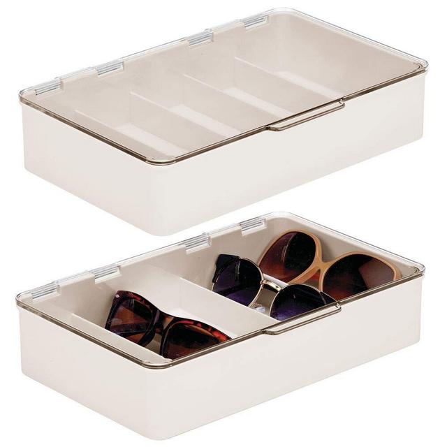 mDesign Plastic Rectangular Stackable Eye Glass Storage Organizer Holder Box for Sunglasses, Reading Glasses, Fashion Eye Wear, Accessories - 5 Sections, Hinged Lid, 2 Pack - Cream/Clear