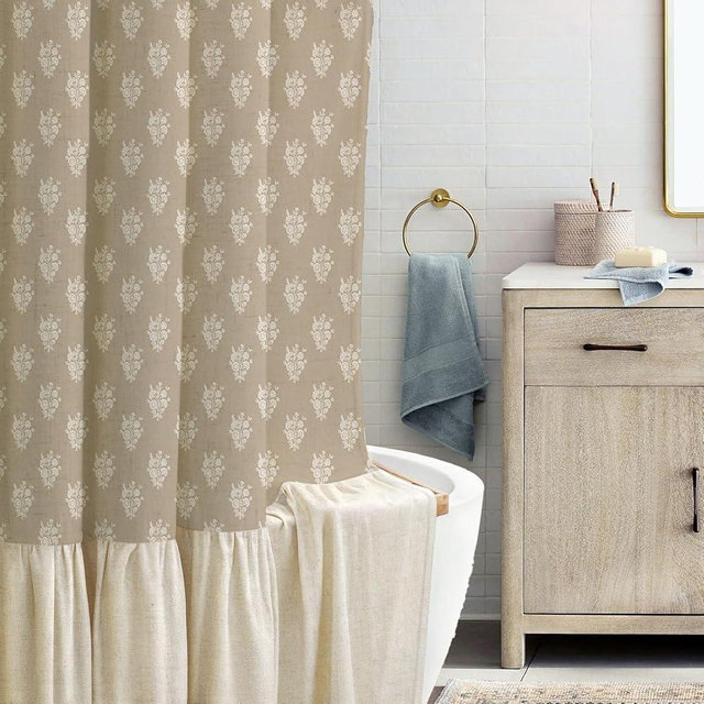 Besaomeom Beige Linen Textured Ruffle Shower Curtain - Vintage Floral Block Print,Boho Cottagecore Farmhouse French Country Bathroom Decor Set,72x72 Inches
