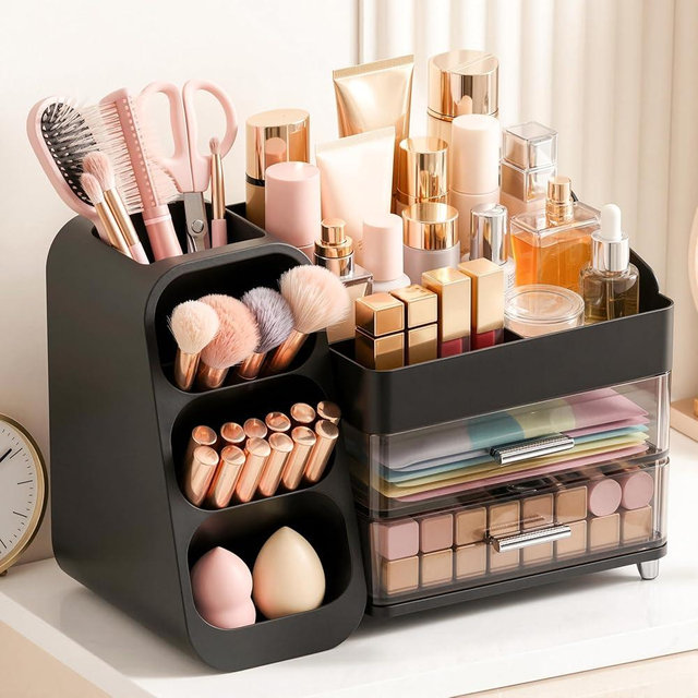 Large Capacity Makeup Organizer Countertop with Makeup Brush Holder for Vanity, Thickened Material, Bathroom Countertop Organizer Skin Care Perfumes Storage, Teen Girl Gifts for 12-23 Year（black）