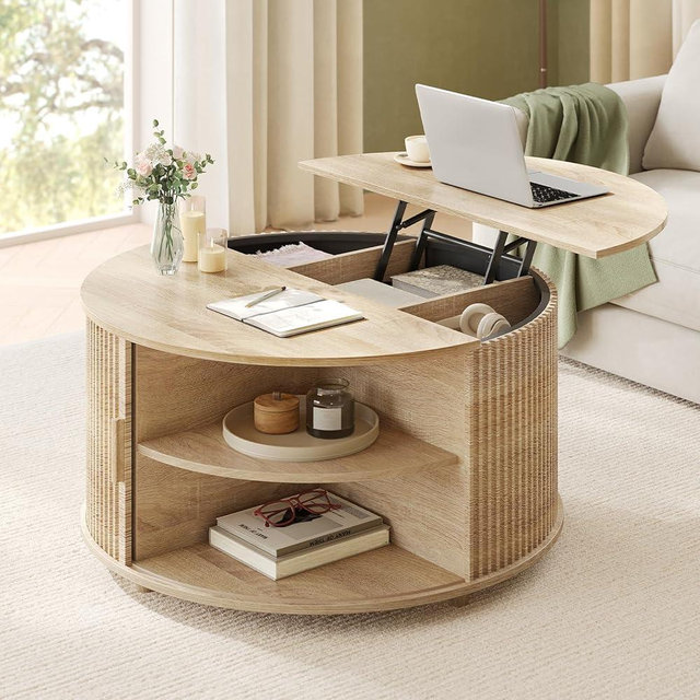Round Lift Top Coffee Table, 34.6" Modern Coffee Table with 180° Curved Sliding Door, Fluted Accent Coffee Tables with Hidden Storage and Open Shelves, for Living Room, Office, Oak