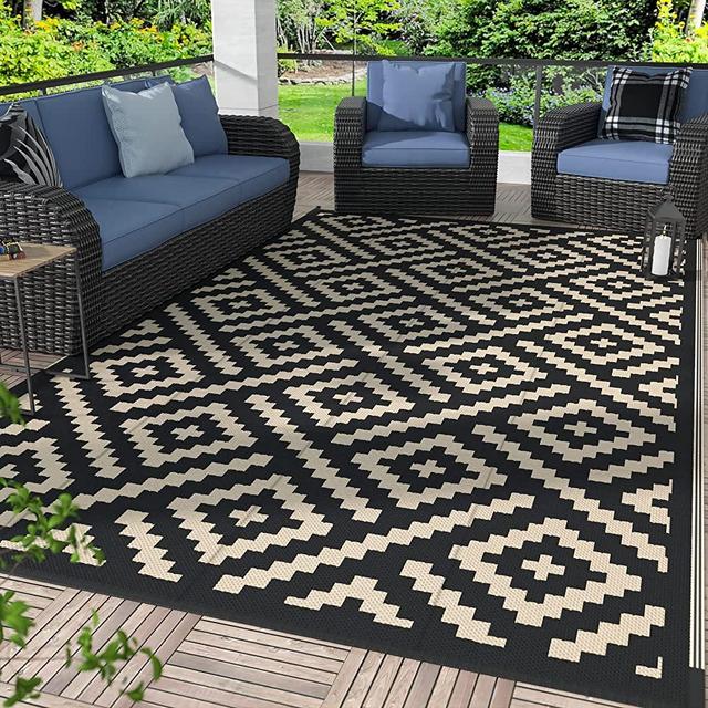 GENIMO 5x8 Outdoor Rug Waterproof, Reversible Mats, Outdoor Area Rug, Plastic Outside Carpet, Geometric Rv Mat for Patio Camping Rv Picnic Backyard Deck Balcony Porch Beach Trailer (Black & Beige)