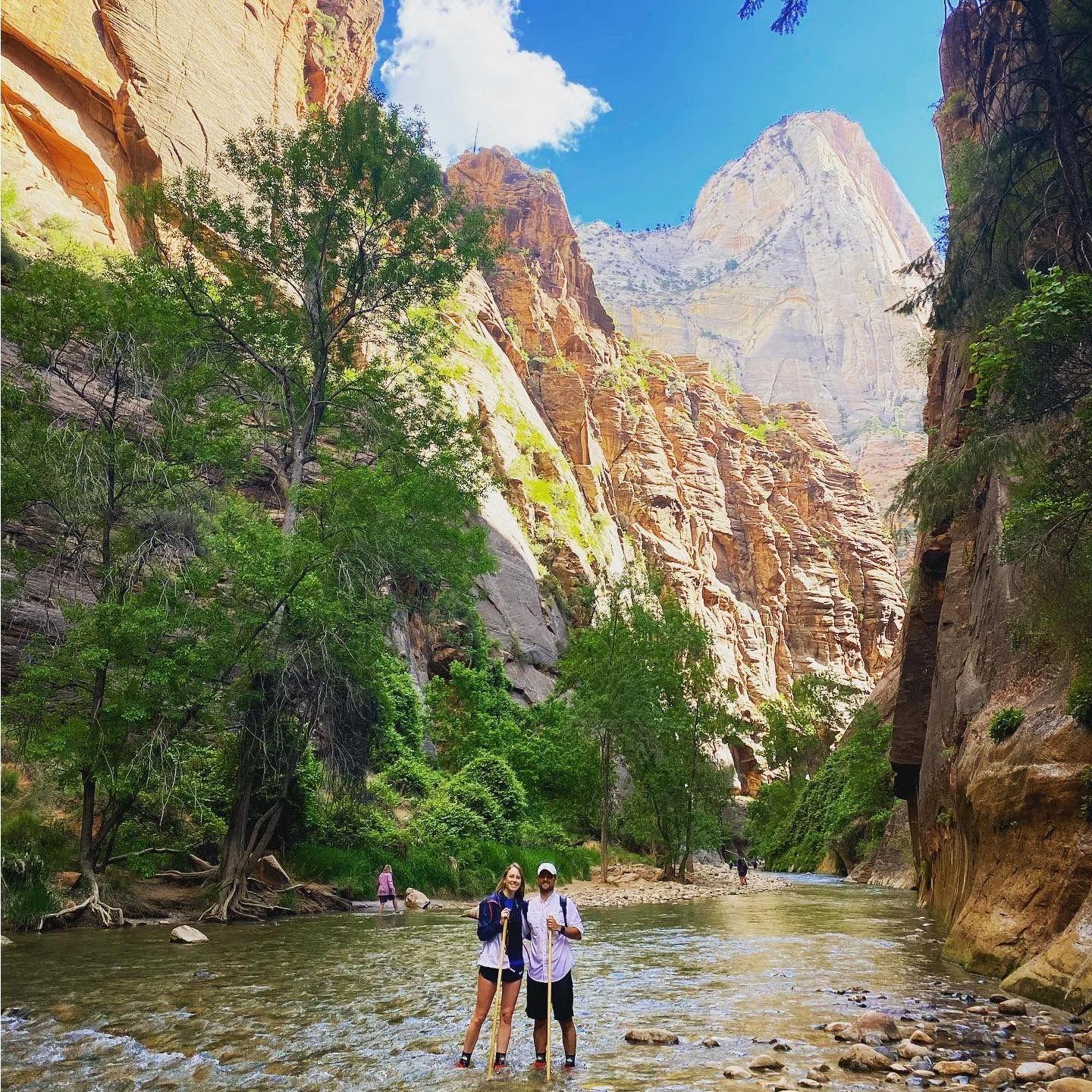 Exploring the Narrows together at Zion National Park in June 2020.
