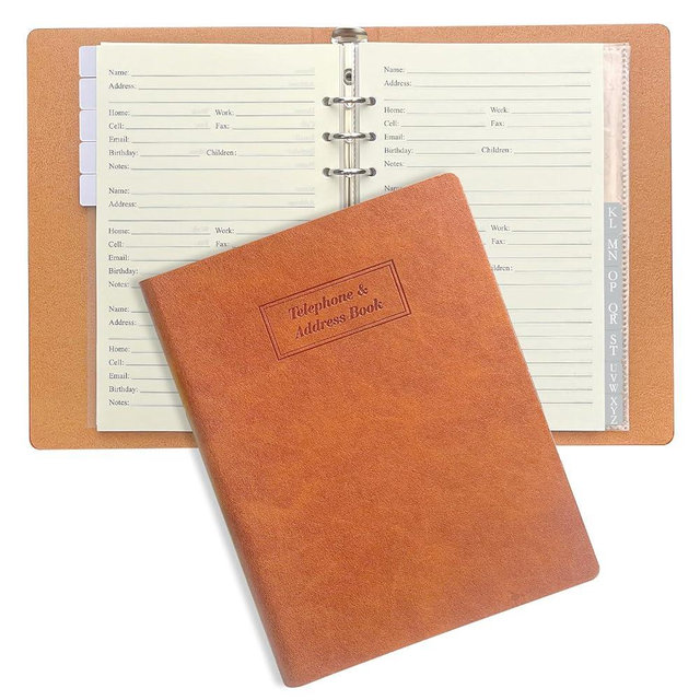 Refillable Address Book with Alphabetical Tabs, Hardcover Phone Book 576 Contact Book w/Pockets, Large Print Address Books for Seniors, A5, Brown