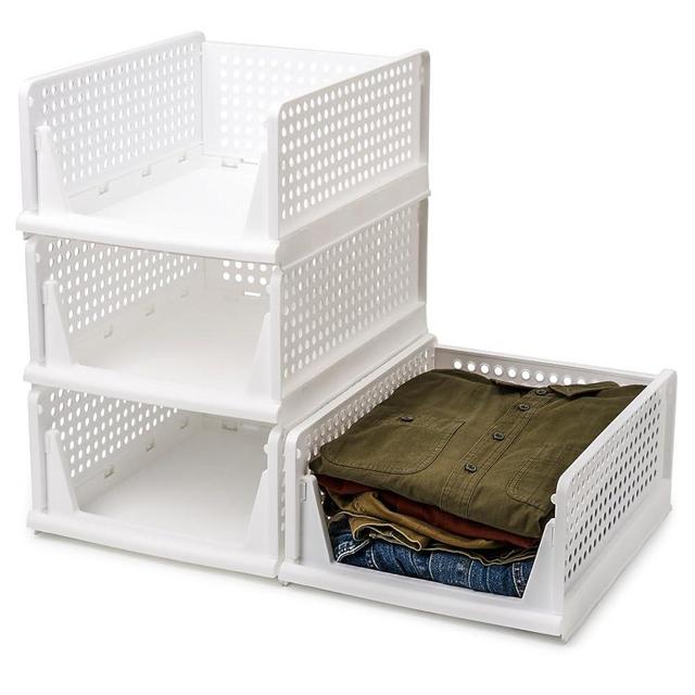 EZOWare Set of 4 Stackable Plastic Closet Organizer Baskets, Collapsible Drawer Basket Rack, Foldable Wardrobe Storage Box Containers for Clothing, Bedroom, Bathroom, Office - White