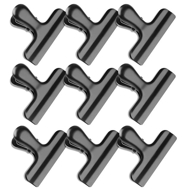 9 Pack Bag Clips, Stainless Steel Chip Clip, Chip Clips Bag Clips Food Clips, Bag Clips for Food, Heavy Duty Air Tight Seal Kitchen Clips Snack Clips Food Bag Clamp Clips (Black)