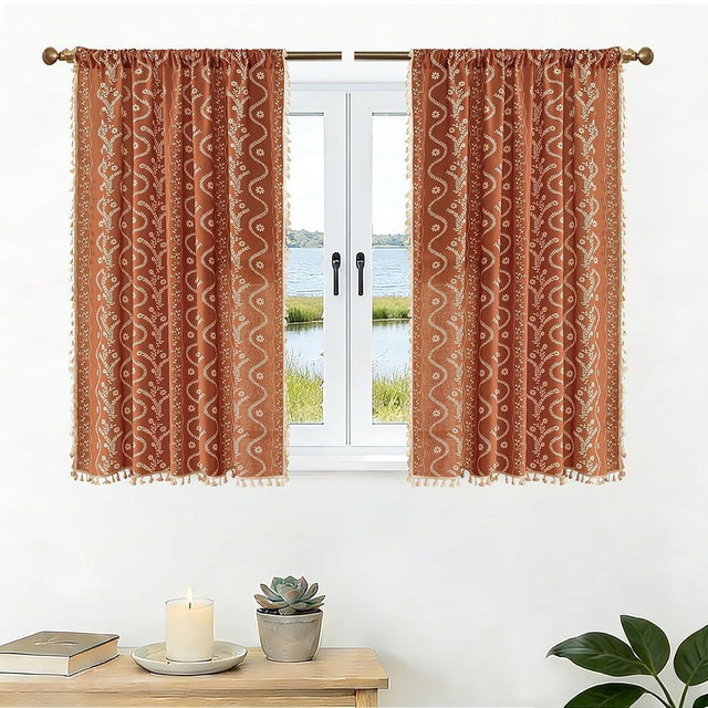 TIVNICO Rust Curtains Boho Kitchen Curtains 45 inch Length 2 Panels,Linen Blend Wide Short Cafe Window Drapes,Rod Pocket Floral Patterned Vintage Tassel Bedroom Curtains,Burnt Orange
