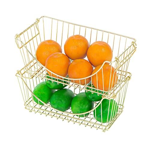 Smart Design Stacking Baskets Organizer - Medium (12.63 x 5.5 Inch) - w/Handle - Steel Metal - Food, Fruit, Vegetable Safe - Kitchen [Gold] - Set of 2