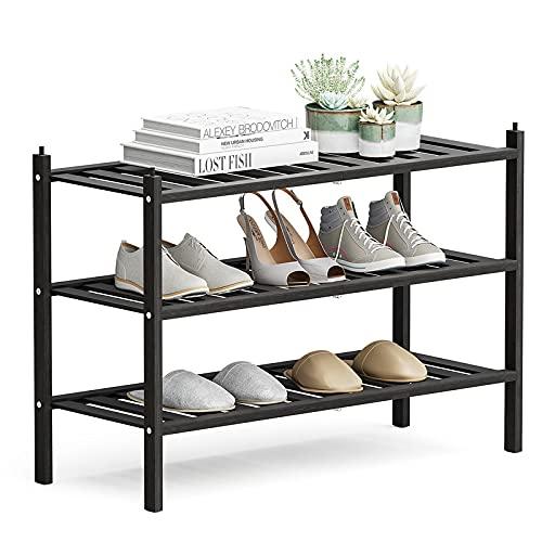 Dranixly Shoe Rack, 3-Tier Bamboo Stackable Shoe Shelf Storage Organizer, Shoe Stand for Closet, Entryway, Hallway, Bathroom and Living Room（Black）