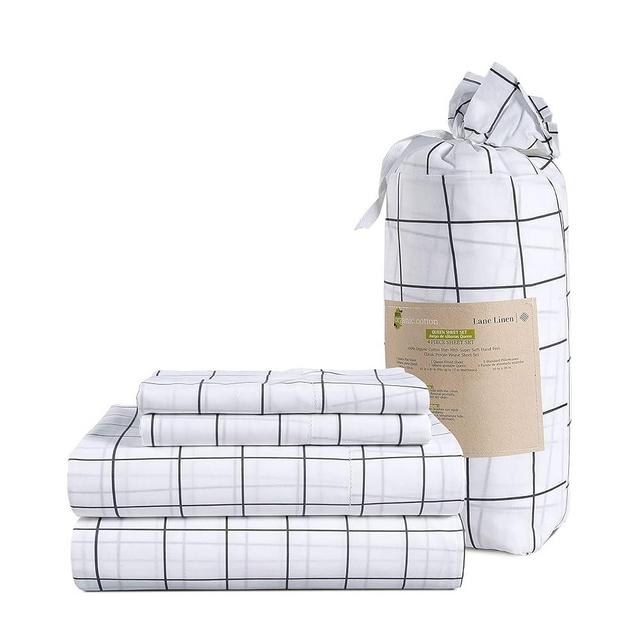 LANE LINEN 100% Organic Cotton King Sheets Set 4-Piece Pure Percale Bedsheets Soft Bedding Breathable Fits Mattress Upto 15" Deep - Charcoal Windowpane