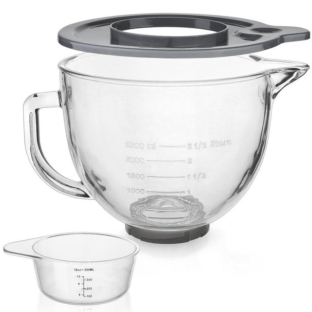 Glass Mixing Bowl 5 QT for KitchenAid 4.5 and 5 Quart Tilt-Head Stand Mixers, Measuring cups with scales, Fits Artisan KSM150, RRK150, KSM100, K45SS, KSM90, KSM95, K45, KSM110, 5KSM125