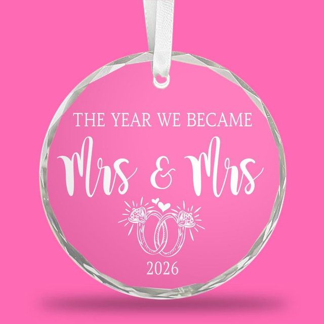 Lesbian Wedding Gift | 2026 Mrs and Mrs Crystal Christmas Ornament – Elegant Beveled Edges with Ribbon & Gift Box