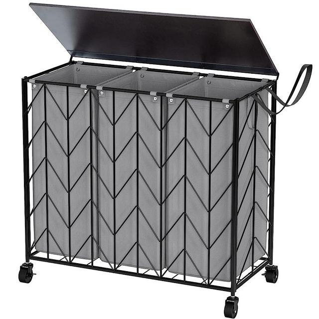 WOWLIVE Laundry Basket with Wheels, 142L Laundry Hamper 3 Section with Lid, Dirty Clothes Hamper with Removable Liner Bags, Large Capacity Iron-Made Laundry Basket Organizer Laundry Sorter for Dorm Room, Grey