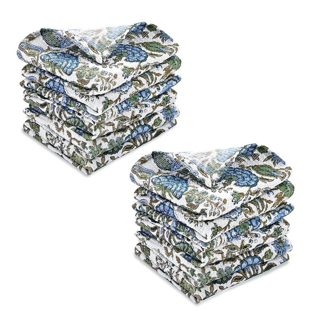 Ridhi Asparagus Green Hand Block Print Cotton Waffle Dish Cloth Set of 12-12x12 Inch Super Absorbent, Soft, Reusable Kitchen Towels for Dish Drying Cleaning, Ideal for Spring, Easter, Valentine